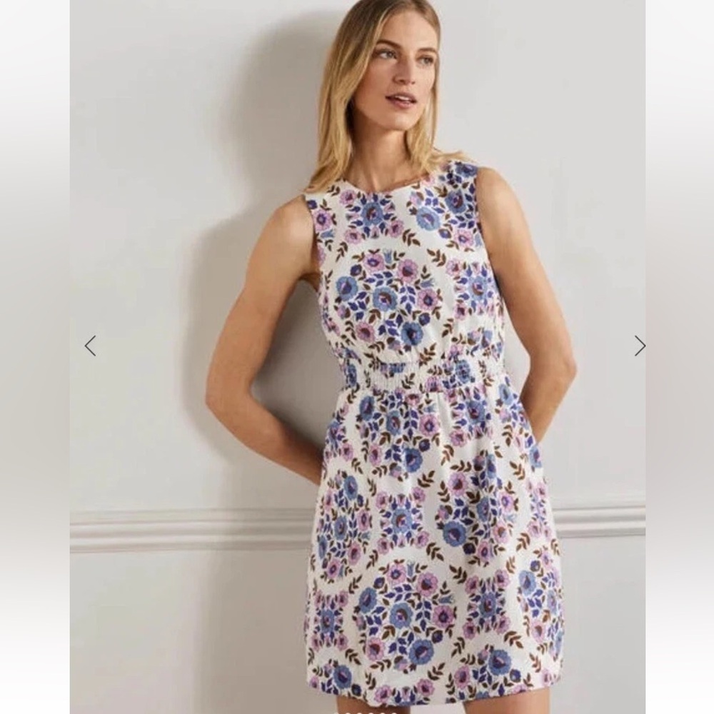 Boden Multi Wildflower Prairie Smocked Waist cotton casual Mini Dress size 12 p